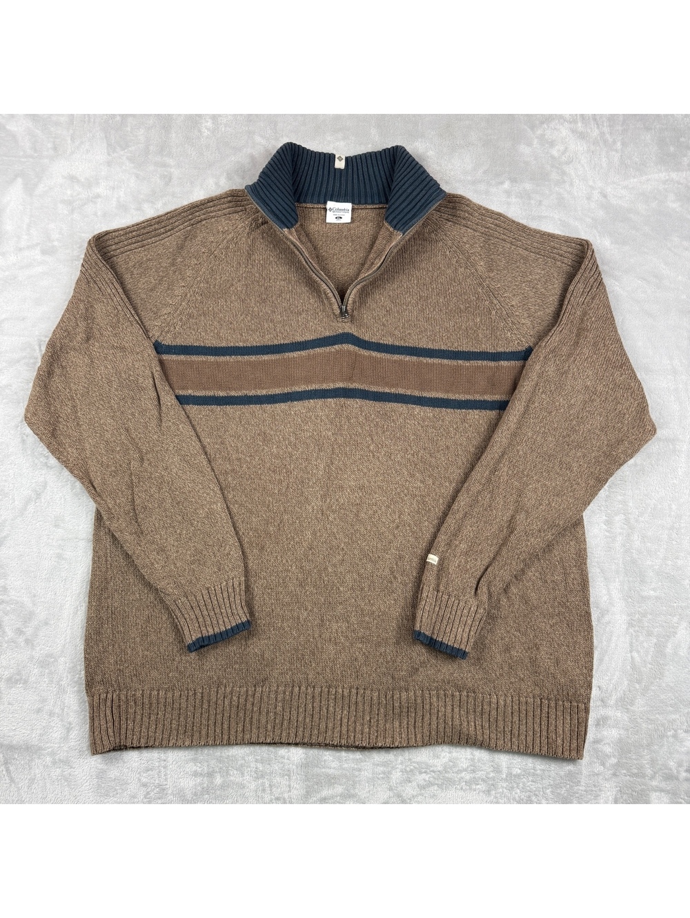 Columbia Brown Quarter Zip Knit Sweater Men XL Striped Mock Neck Pullover Cabin